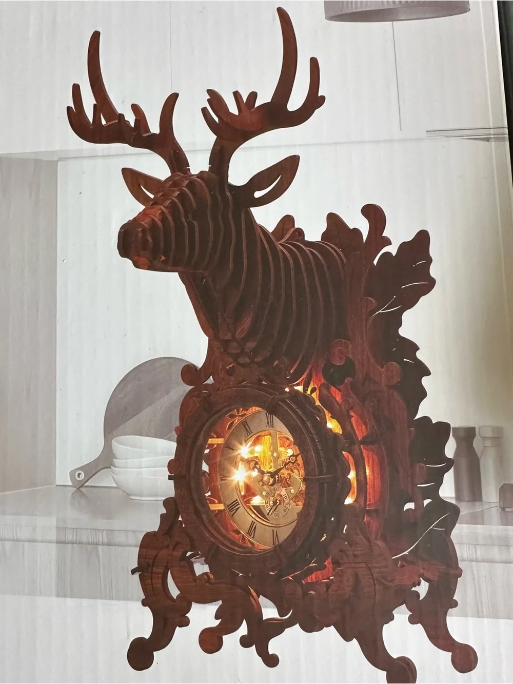 Funpola Led 3D Wood Puzzle Deer Elk Clock Building Model NEW Home Decor Clock